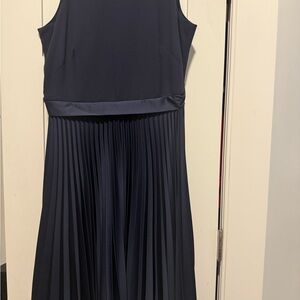 Navy Pleated Midi Dress - Size 10 Sleeveless, Elegant Fit & Flare, Worn Once